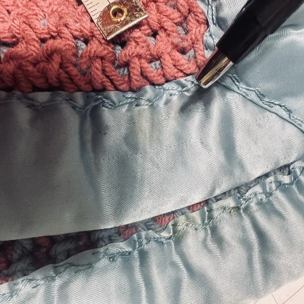Handmade Crochet Afghan Throw Blanket satin border trim blue rose pink 68